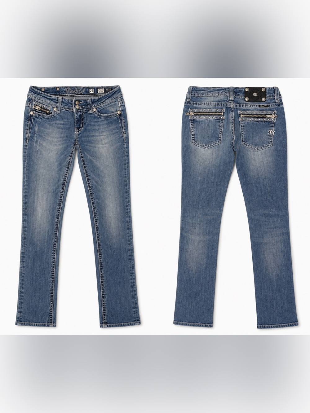 Y2K Vintage Miss Me Women's Low Rise Faded Blue Jeans with Zip Back Details